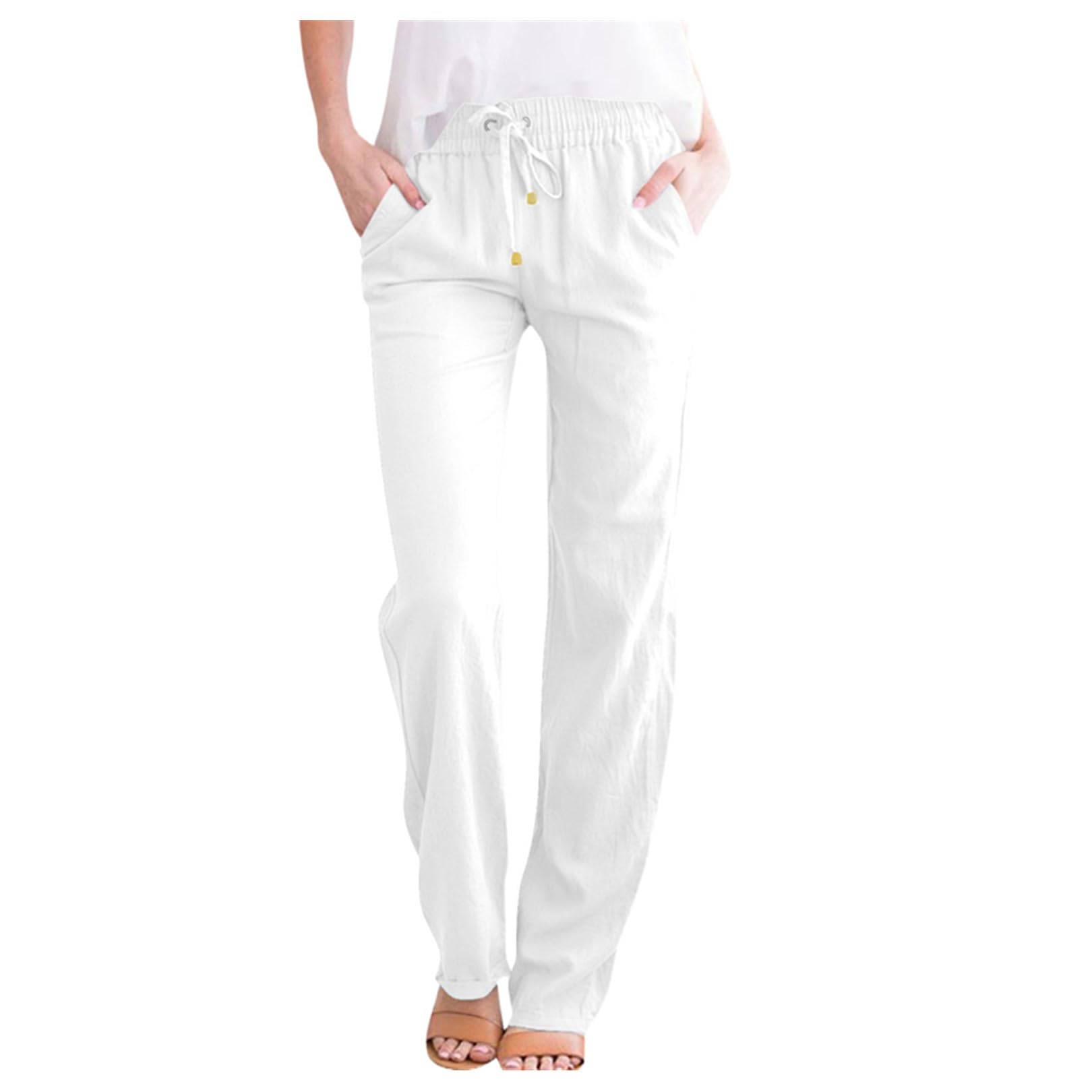 ZLQRSSWK Leinenhose Damen Hose Sommer Musselin Hosen Stoffhose Einfarbig Freizeithose Gerade Geschnitten Sommerhose und Taschen Sommerhose Damen Leicht Baumwolle Leinen Hose
