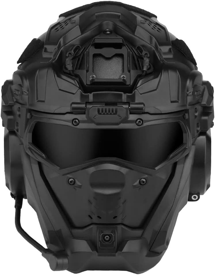 Multicam Airsoft Paintball Tactical Helmet with Full Face Protective Mask Built-in HD Headset and Anti-Fog Fan Adjustable Outdoor Military Gear