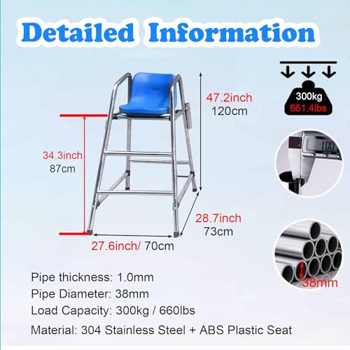 Genérico Escaleras para Piscinas, Silla Salvavidas de Acero Inoxidable, Puesto de observación para socorristas, Playa, Piscinas, cancha de Tenis, árbitro, socorristas Altos, Silla de observación de a