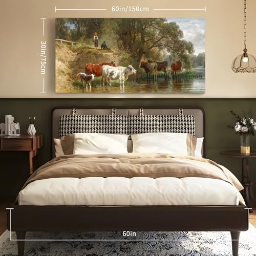 SERIMINO Large Wall Art for Living Room, Riverside Animal Landscape Vintage Wall Decor, Herding Cattle Pastoral Canvas Painting, Retro Cow Pictures Home Decor for Bedroom Kitchen, 30x60 Inch