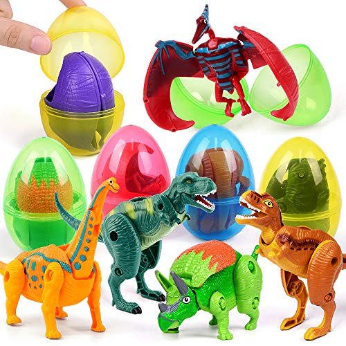 OCATO Easter Eggs Filled with Dinosaur Toys Jumbo Deformation Dinosaur Eggs Easter Egg Fillers Plastic Surprise Eggs Easter Basket Stuffers Easter Party Favors for Kids Boys Girls Toddlers, 6 Packs