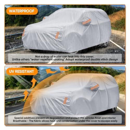 Image of SUV Car Cover All Weather Waterproof Fit for Ford Explorer,Toyota Highlander,Jeep Grand Cherokee,Dodge Durango,Honda Pilot,Hyundai Palisade,Lexus RX for Automobiles Universal Fit SUV Length Up to 201 inch