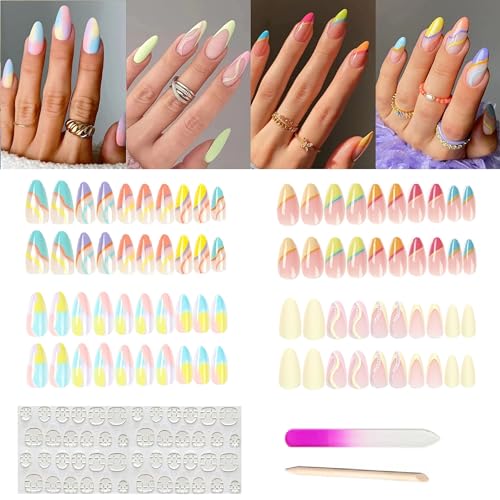 4 Packs (96 Pcs) Press on Nails Almond Medium Design, MMonesu Fake Nails Glue on Nails Set with Adhesive Tabs Nail File for Women