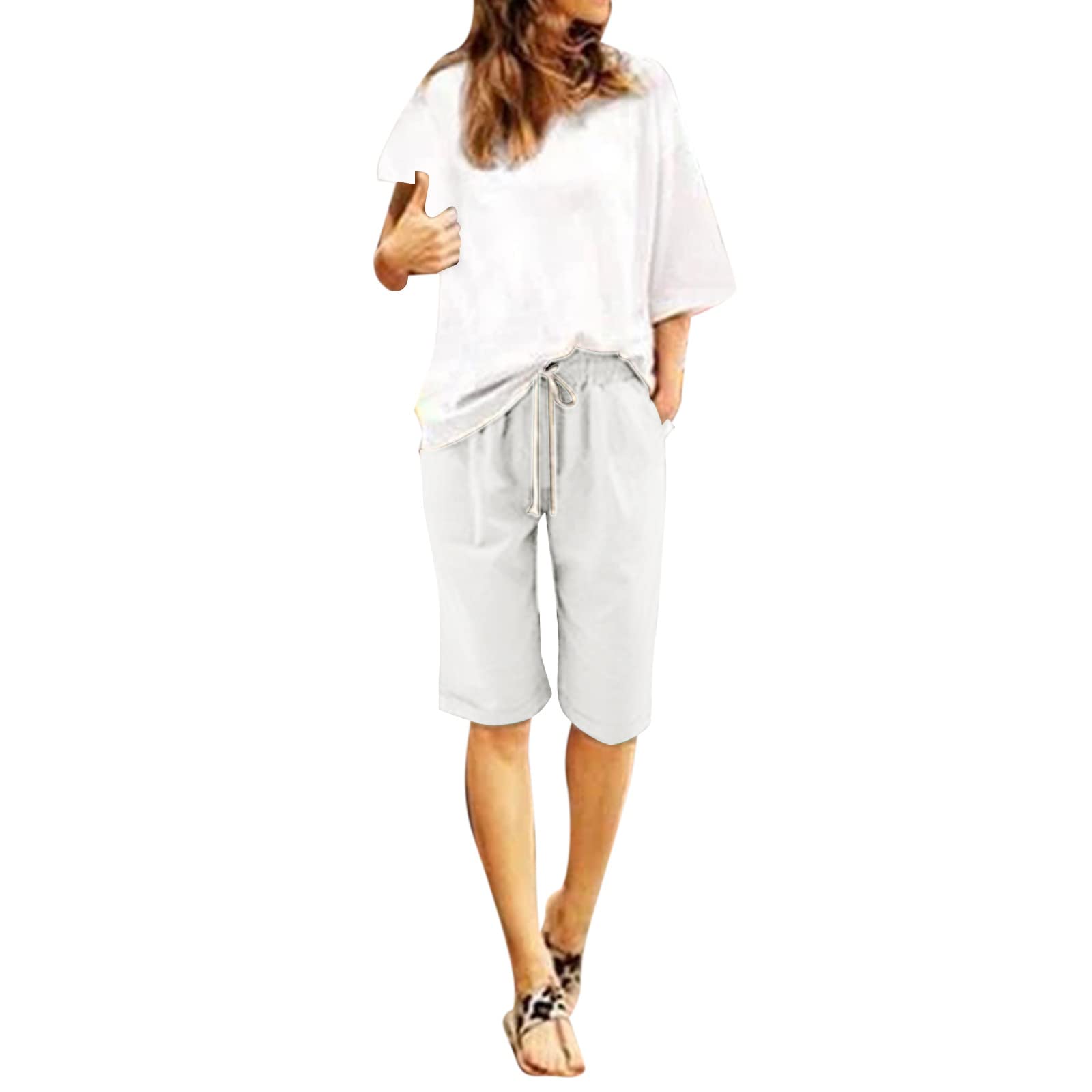 Generic Pantalones cortos de lino para mujer, estilo bohemio, largo hasta la rodilla, con cordón, bermudas de lino, pantalones cortos de verano, holgados, pantalones de ciclismo de cintura alta, tallas
