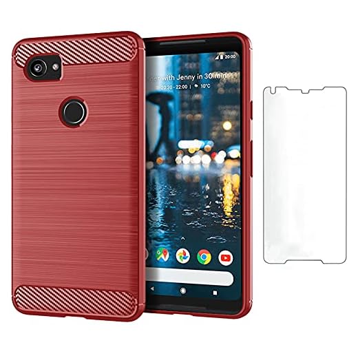 Asuwish Compatible with Google Pixel 2XL Case Tempered Glass Screen Protector Cover and Cell Accessories Slim Silicone Protective Phone Cases for Pixle 2 XL Pixel2XL Pixel2 2LX Carbon Fiber Red
