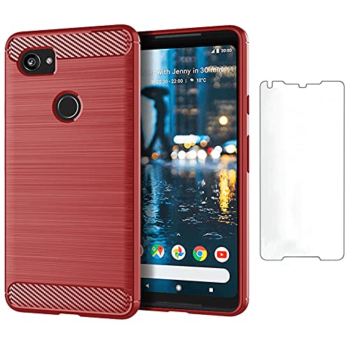 Asuwish Compatible with Google Pixel 2XL Case Tempered Glass Screen Protector Cover and Cell Accessories Slim Silicone Protective Phone Cases for Pixle 2 XL Pixel2XL Pixel2 2LX Carbon Fiber Red