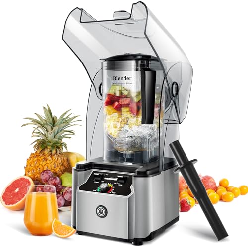 WantJoin - Licuadora profesional comercial con escudo silencioso, carcasa de sonido de 2200 W, industrias, fuerte y silenciosa, potencia de grado profesional, autolimpiante, color plateado