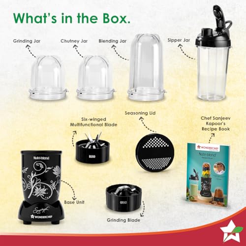 Image of Wonderchef Nutri-blend 500W Mixer Grinder, 22000 RPM Motor, Smoothie Maker, Masala Grinder, Chutney Blender, 3 Unbreakable Jars & Sipper Jar, Recipe Book by Chef Sanjeev Kapoor, 2 Yr Warranty, Black