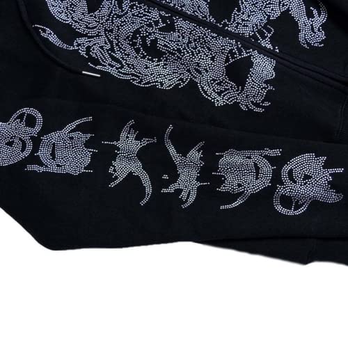 Aobiono Men Women Y2K Full Zip Up Hoodie Over Face Dragon 3D Rhinestone Gothic Grunge Emo Alt Harajuku Dark Academia Punk4