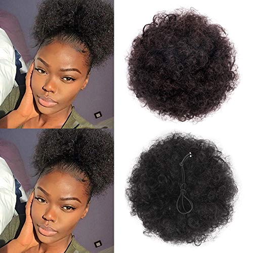Afro Puff Wrap Drawstring Ponytail Hair Pieces, Short Cute Afro Kinky Curly Human Hair Bun Ponytail For Women with Clips Natural Black Color