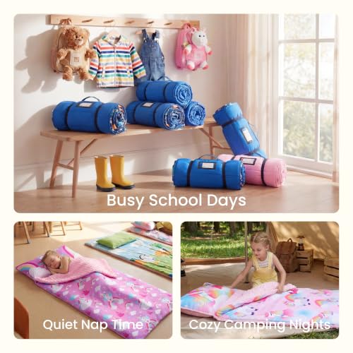 Image of JOIEDOMI Toddler Nap Mat with Removable Pillow and Minky Blanket 55''x30'' Kids Sleeping Bag for Boys and Girls Ages 3-6 Roll Up Soft Nap Mats for Preschool Kindergarten Daycare Sleepover