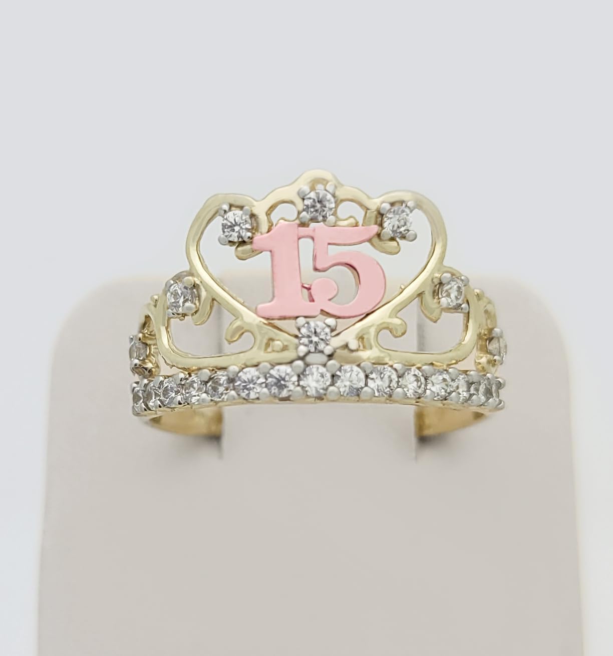 10K Yellow Gold 15 Anos Crown Ring Tiara Quinceanera Ring
