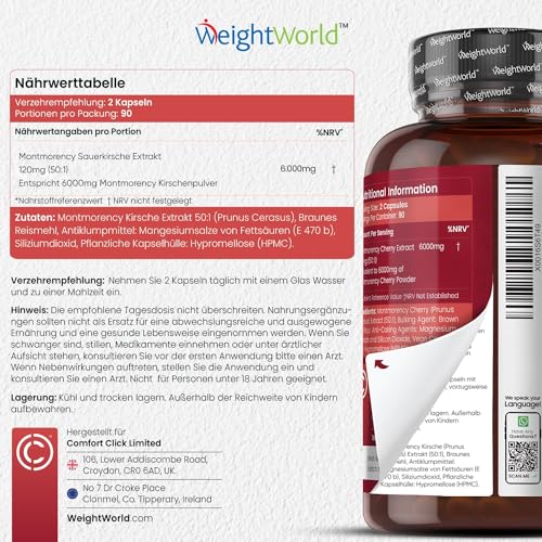 Montmorency Sauerkirschen Kapseln 6000mg - 180 Stück - 120mg Sauerkirsch Extrakt 50:1 pro Portion - Veganer & Vegetarier - 3 Monate Vorrat - Laborgeprüft in Deutschland - Kirschextrakt - WeightWorld