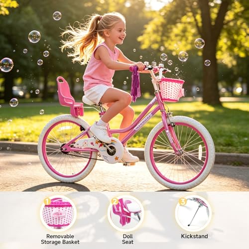 Image of WinHope Girls Bike with Doll Seat, 12 14 16 18 20 Inch Kids Bike for 2-12 | Dual Brake with Training Wheels / Kickstand & Streamers Birthday Gift for Toddler Outdoor Riding, Multiple Colors