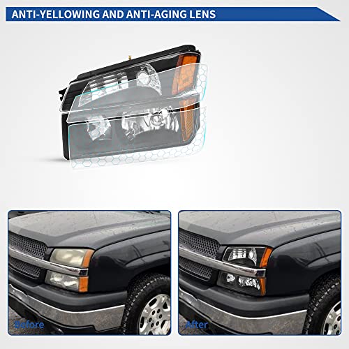 Image of oEdRo Headlight Assembly Compatible with 2002 2003 2004 2005 2006 Chevy Avalanche 1500 /2500 Pickup with Body Cladding, Black Housing Amber Reflectors and Bumper Lights (Driver & Passenger Side)