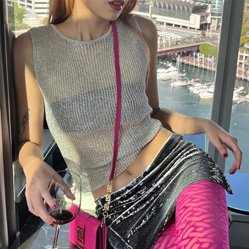 Women’s Sexy Knitted Glitter Crop Tank Top Sheer Mesh Crew Neck Sleeveless Cropped Shirt See-Through Blouse2