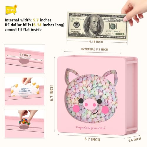 Image of Summidate Wooden Piggy Bank for Kids Girls, Money Savings Box with Clear Removable Windows and DIY Stickers, Personalized Cash Vault Box for Teens & Adults, Birthday /Baby Shower /Wedding Gift