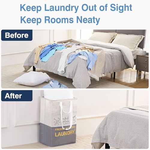 ELONG HOME 2 Pack Laundry Baskets, 92L Freestanding Laundry Basket with Handles, Waterproof Tall Collapsible Clothes Hamper for Dorm, Bedroom, Bathroom image 4