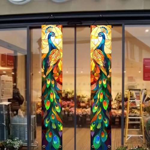 Image of BlissYard 2pcs Peacock Decorations Door Banner Stained Glass Peacock Porch Banners Hanging Sign Banner Seasonal Decor for Porch Patio Garden Outdoor Indoor Elegant Home Decoration Supplies