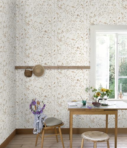 LiKiLiKi Klebefolie Möbel Beige Blumentapete 44×300 cm Vintage Selbstklebende Tapete Klebetapete für Küche Schlafzimmer Wohnzimmer Schrank Abwaschbare und Wasserfest