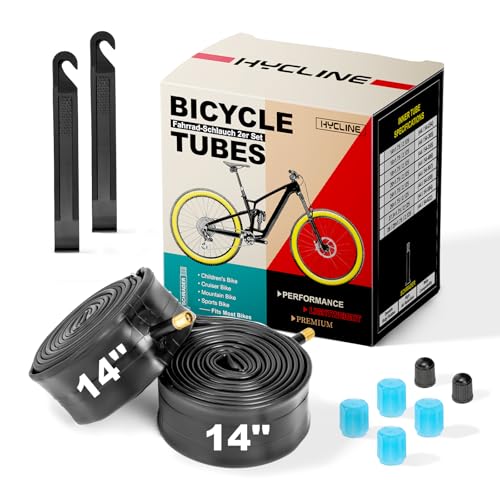 Hycline 2-Pack 14 x 1.75-2.125 Bike Inner Tubes, 32mm Schrader Valve, Premium Butyl Rubber, Puncture Resistant Replacement Tubes with 2 Tire Levers & Fluorescent Valve Caps for MTB, Road & Kids Bikes