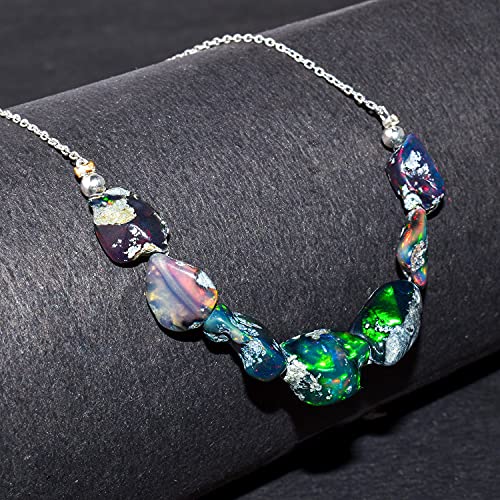OdrillionGems Raw Ethiopian Black Opal Gemstone Dainty Bar Necklace Healing Crystals Handmade Women Jewelry October Birthstone Gift Rhodium Plated 925 Sterling Silver Jewelry Chain 18 inch