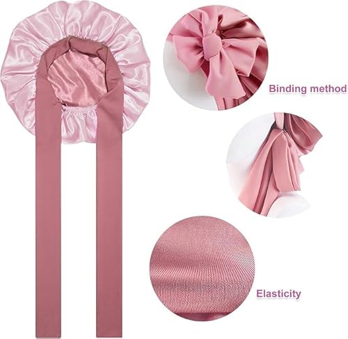 Forhome Satin Bonnet Nacht Schlafmütze,Doppelseitig Seidenhaube Zum Schlafen Schlafhaube,Verstellbare Seidenhaube,Seide Locken Atmungsaktive Seide Schlafmütze für Damen,gelockt,langes Haar (Rosa)