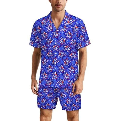 American Flag Mens Pajama Set Short Sleeve 2 Piece Sleepwear Button Down Tops And Shorts Loungewear Outfits