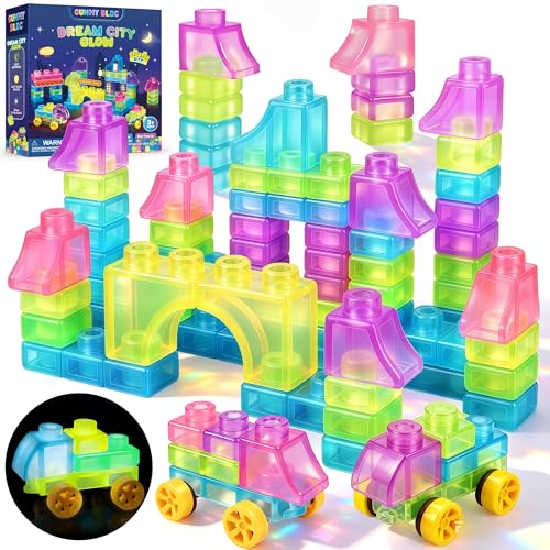 Image of 57PCS Soft Glow in The Dark Building Blocks for Toddlers, Dream City | Preschool Educational Creative Play, Montessori Squeezable, Stretchable Early Learning Construction Playset, Puzzle Blocks