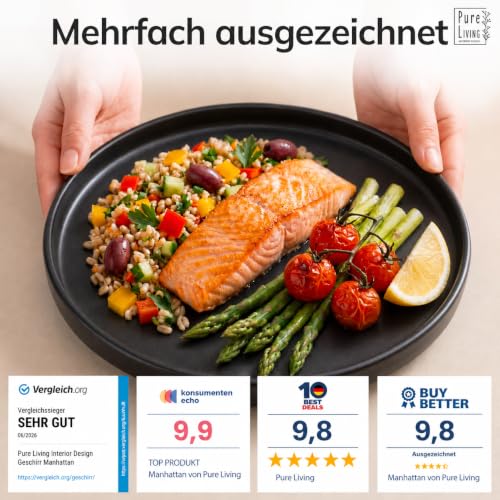 Foto von Steingut Geschirrset 6-tlg. Suppenteller 6 Personen Manhattan TESTSIEGER, Cooles Urbanes Steingut Tiefe Teller Set, Pasta Teller Tief Groß - Pure Living in matt Schwarz
