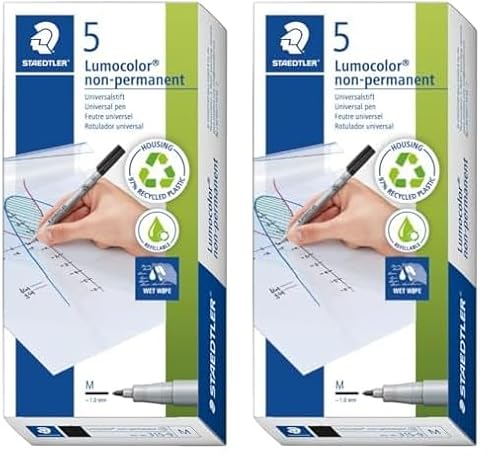 Staedtler Folienstift Lumocolor non-permanent, wasserlösliche Tinte, für fast alle Oberflächen geeignet, Linienbreite M 1 mm, nachfüllbar, lange Lebensdauer, 5 schwarze Stifte, 315-9X (Packung mit 2)