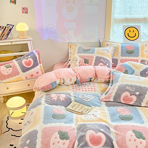 Cinyana Plaid Duvet Cover Set Floral Duvet Cover Fluffy Comforter Cover Kawaii Cartoon Bunny Comforter Cover Soft Kids Duvet Cover Queen Bedding Set (Lovely Grid, Queen) #TOP5