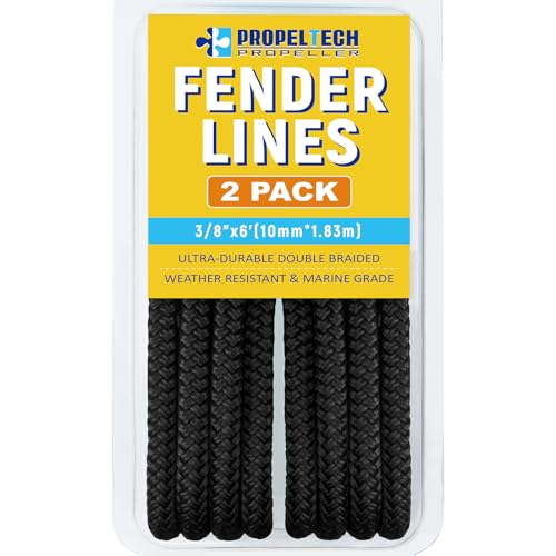 2 Pack 3/8 x 6 Boat Fender Lines Premium Marine- Grade Double Braided Nylon Boat Rope Pre-Spliced with a 5 Inch Loop for Mooring Docking Ties & Small Boat Anti-Wear & Weather-Resistant-Black