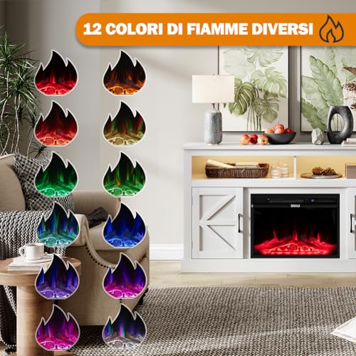 Bakaji Mobile Tv Per Soggiorno In Legno Bianco Con Camino Elettrico, Madia A 2 Ante Con Caminetto 1800W Completo Di Mobile, Riscaldamento Due Potenze, Protezione Surriscaldamento E 15 Colori Luci Led - 2