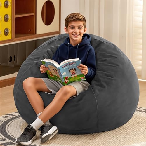 HABUTWAY 2FT Bean Bag Chair, 2' Beanbags Small Bean Bag Chairs with Filling, Teardrop Bean Bag Chair Luxurious Velvet Ultra Soft Fur with Removable Cover (Grey)