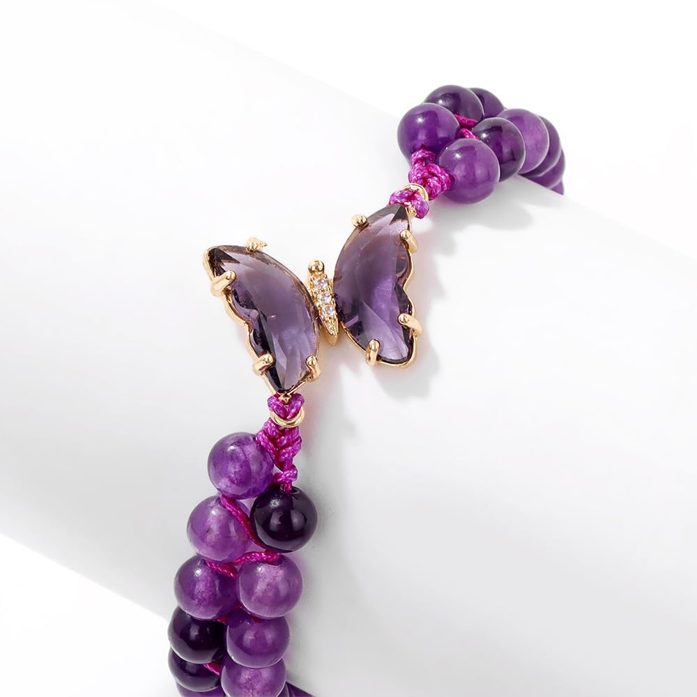 Braccialetto di Ametista per Donna, Braccialetti Anti-ansia con Perline di Ametista, ciondoli a Farfalla, Braccialetti a Strati di Pietre per Donna