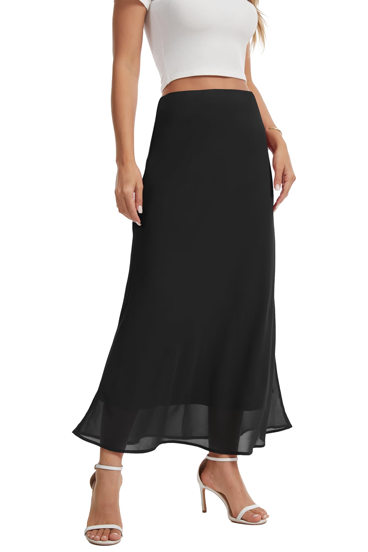 BEIGAI Rock Damen Elegant Elastischer Bund Maxirock Lang Chiffon Sommerrock | Hohe Taille, A-Linie, Casual, Leicht Fließend Freizeitrock, Party Fashion Skirt, für Hochzeit und Cocktail
