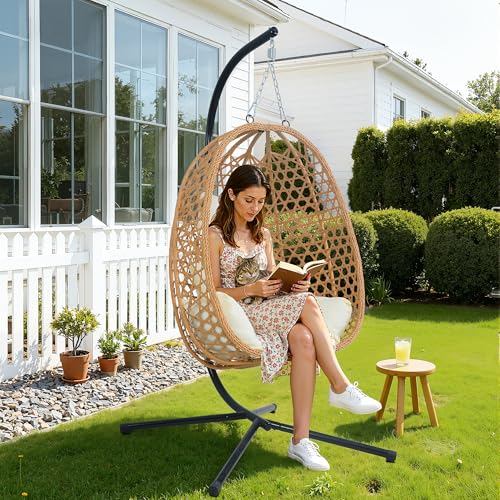 EortheX Hanging Egg Chair with Cushions – Comfortable Rattan Swing Chair with Stand for Patio, Garden, or Balcony – Stylish and Relaxing Outdoor Lounge Chair, 350LBS Capacity Indoor Outdoor (Beige)