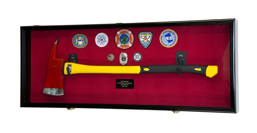Firefighter Fireman Axe Display Case Cabinet Holder - 98% UV Lockable (Black Wood Finish, Red Background)