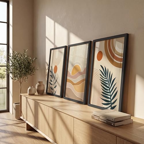 Image of NoWorries Boho art Framed Painting Set of 3 | Abstract prints mid century modern decor Frames | Sun wall art neutral wall decor minimalist line art | Botanical leaf prints scandinavian wall art Fame | Beige aesthetic Decor for living room, bedroom, office and gallery (Art-14, 13x19inch, Wooden)