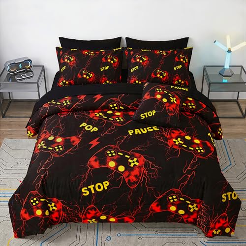 Image of ZRNBAST Gamer Comforter Set Full Size, Red Gaming Bedding Set for Boys, Lightning Game Console Microfiber Bed Sets, 6 Pieces Teen Game Gamepad Bed in a Bag (Red,Full)