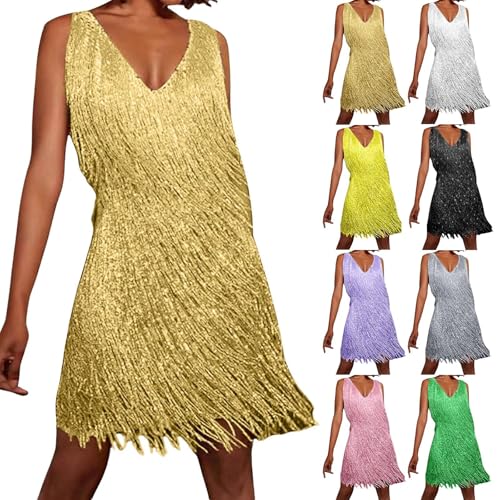 CEWIFO Tina Turner Robe à paillettes pour femme - Robe disco ocre/dorée - Robe à franges Charleston années 20 - Mini robe à paillettes pour femme - Bretelles spaghetti - Sexy - Courte - Robe de danse