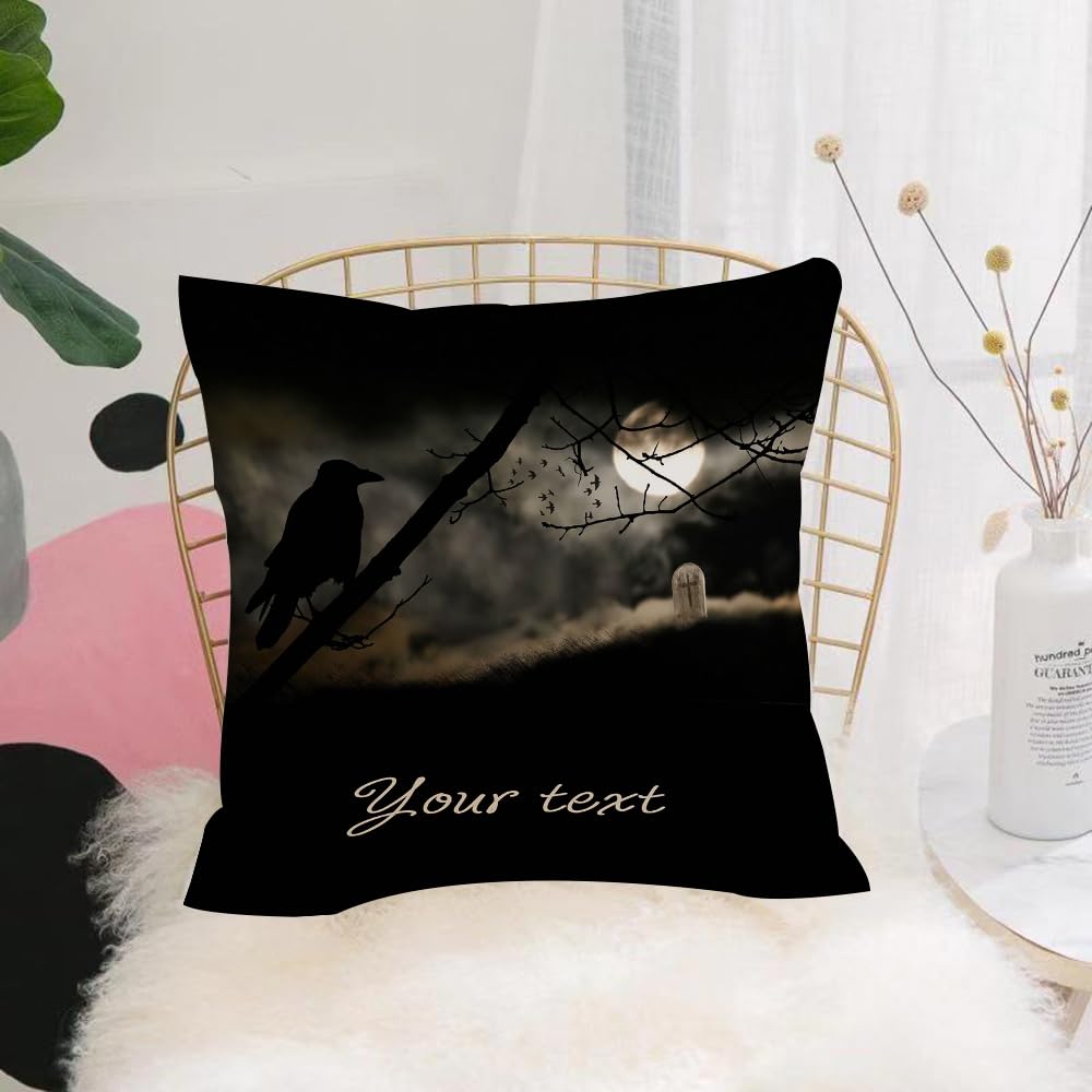 HYOSXW Cushion Cover,Throw Pillow Case Home Decorative for Living Room Bedroom Sofa Chair 16X16 Inch,Moon and Black Halloween Gothic Horror Scary Ghost Bird,Pillowcase 40X40cm