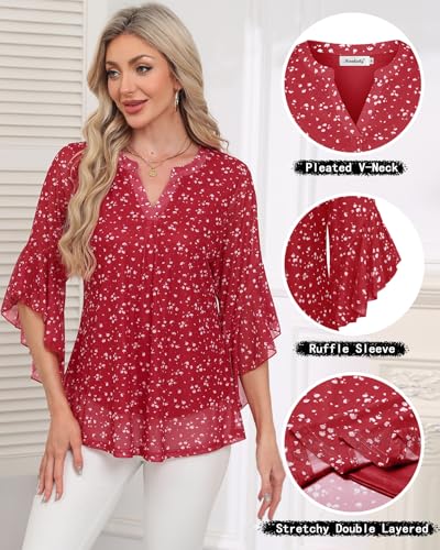 Ninedaily Womens Tops 3/4 Sleeve Dressy Casual Blouses Double Layers V Neck Shirt
