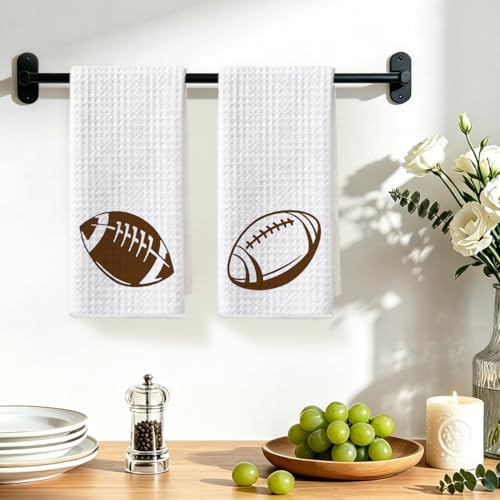 Image of 2 Pcs Football Kitchen Towels Decorative Football Dish Hand Towels Sports Theme Absorbent Dish Cloths Tea Washcloths for Kitchen Home Bathroom Decor 24x14 Inch