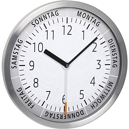 TFA Dostmann Analoge Wanduhr mit Wochentag, 60.3044.02, mit Glasabdeckung, 30cm Durchmesser, weiß