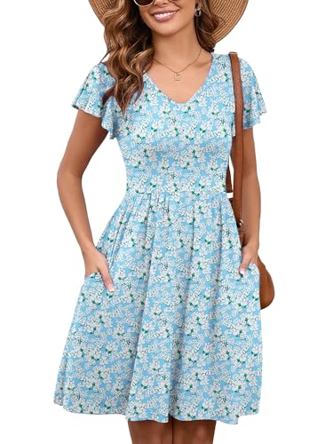 Image of Heymoments Women Summer Dresses Ruffle Sleeve Casual V Neck Swing Button Down Flowy Dress with Pockets