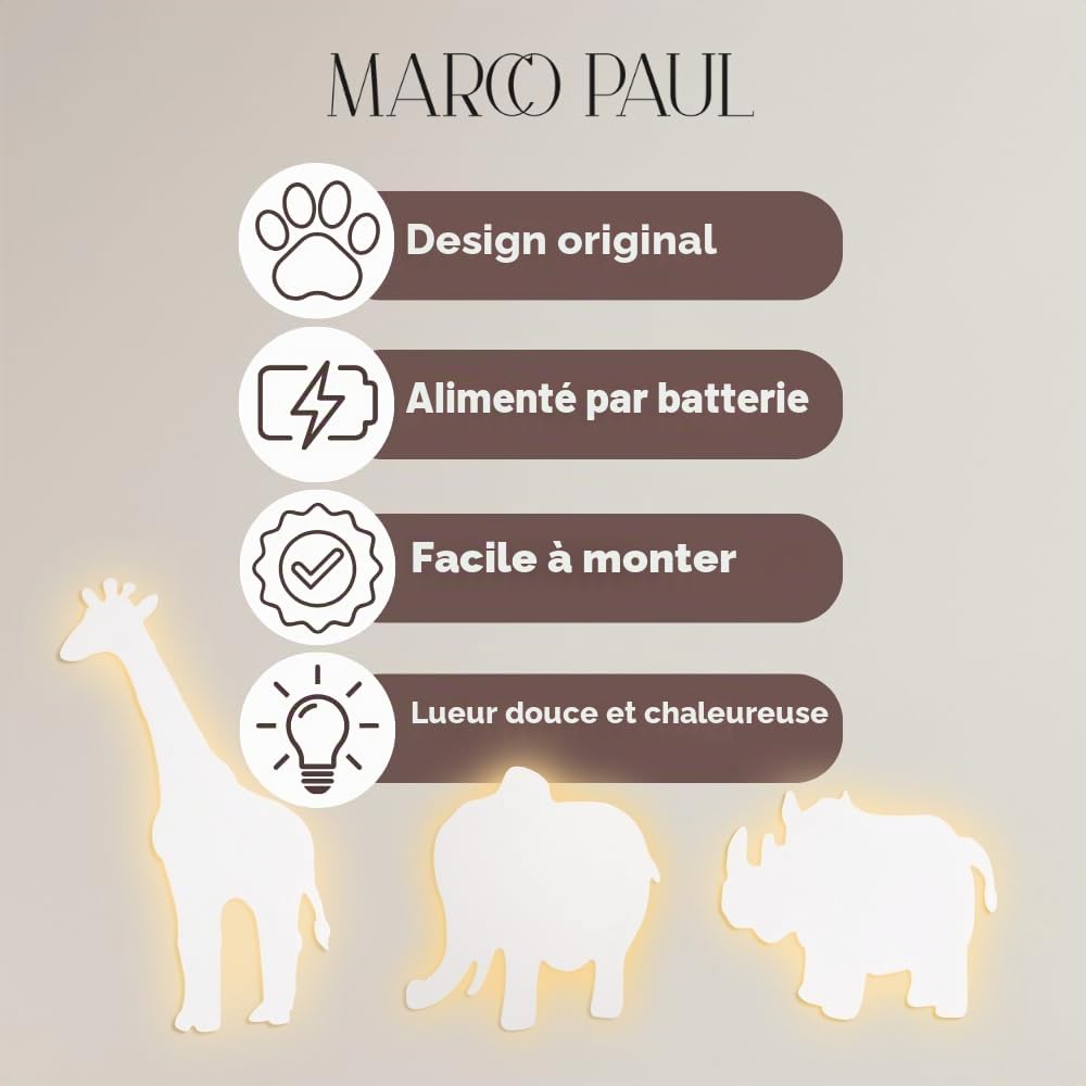 Marco Paul Lot de 3 veilleuses murales à LED pour chambre à coucher, chambre d'enfant Motif éléphant, rhinocéros et girafe