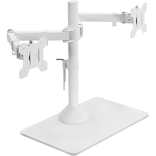 VIVO Freestanding Dual Monitor Stand with Sleek Glass Base and Adjustable Arms, Mounts 2 Screens up to 32 inch and 22 lbs Each, White, STAND-V002FGW