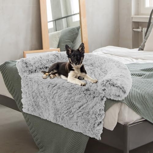 COSTWAY Hundebett flauschig, Sofaschutz Hund, Hundedecke für Sofa, Hundekissen waschbar, Plüschbett für kleine & mittelgroße & große Hunde Katzen, Hundematte aus Plüsch, 112 x 101 x 18 cm, Grau-weiß